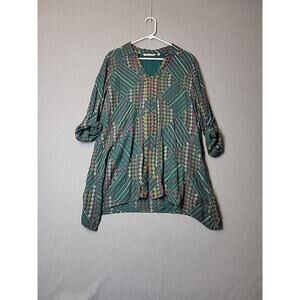 Soft Surroundings Terrare Green Geometric Embroidered RTS Tunic Women's Large
